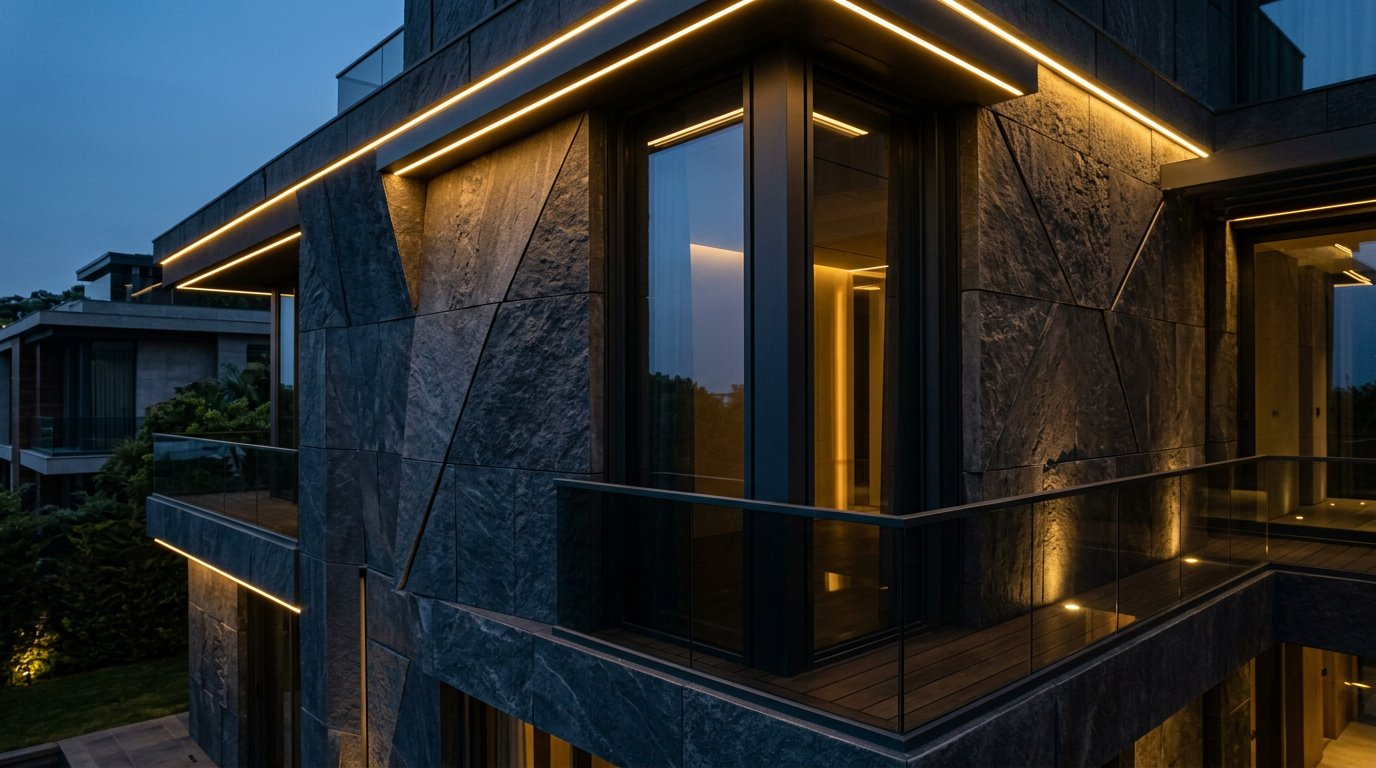 Architectural close-up of a luxury contemporary building, dark stone textures, warm golden lighting accents, minimalist geometry, high-end materials, cinematic atmosphere, 8k resolution, sharp detail