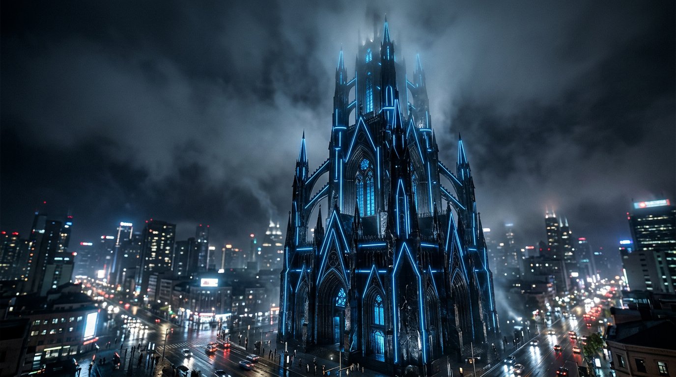 A dark neo-gothic skyscraper made of black obsidian and glowing blue fiber optics, sharp angular architecture, cinematic night lighting, misty atmosphere, hyper-realistic 8k